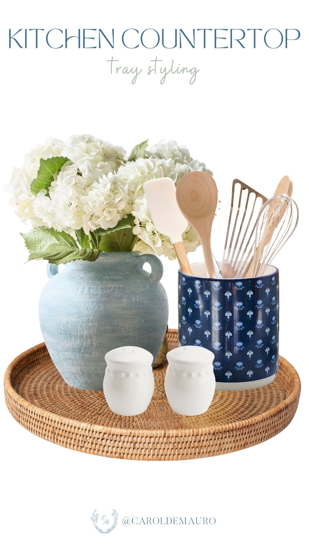 Creating a custom countertop look is easy when you style a woven tray with a textured blue vase and a patterned utensil holder! Complete it with a sleek white salt and pepper shakers for that effortless charm to your countertop.

styling inspo, kitchen makeover, neutral home, decor tips, furniture finds, neutral style, flower arrangement, faux florals

#LTKSeasonal #LTKU #LTKHome