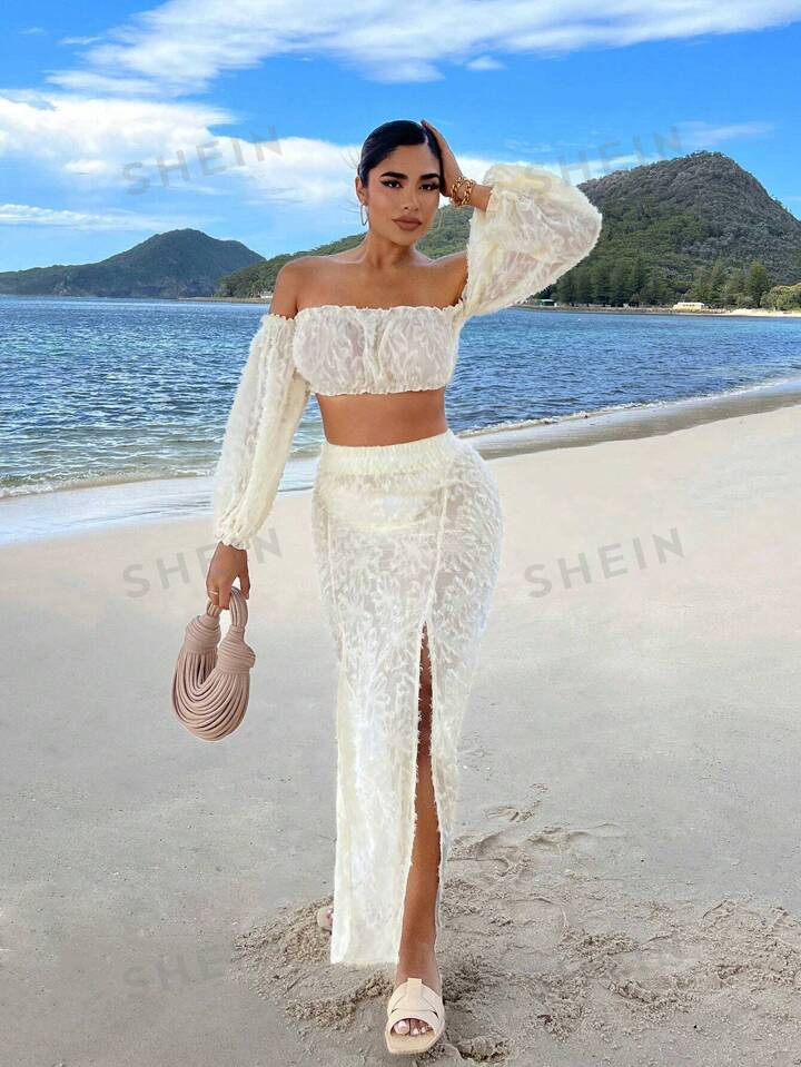 SHEIN SXY Off Shoulder Lantern Sleeve Crop Top & Split Thigh Skirt | SHEIN