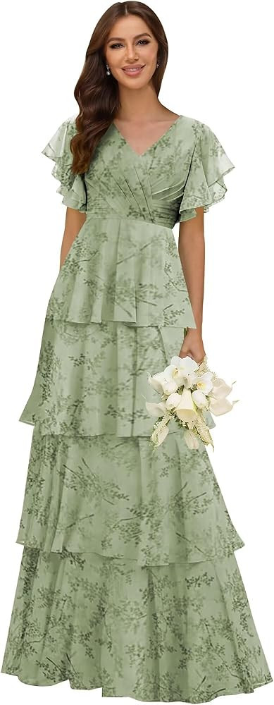 homdor Tiered Ruffles Bridesmaid Dresses for Women 2026 V Neck Chiffon Formal Evening Dresses wit... | Amazon (US)