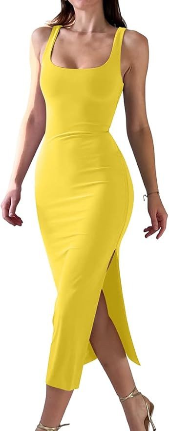 LAGSHIAN Women's Summer Bodycon Tank Dress Sexy Sleeveless Side Slit Midi Dresses | Amazon (US)