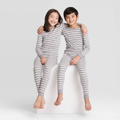 Kids' Striped 100% Cotton Tight Fit Matching Pajama Set - Gray | Target