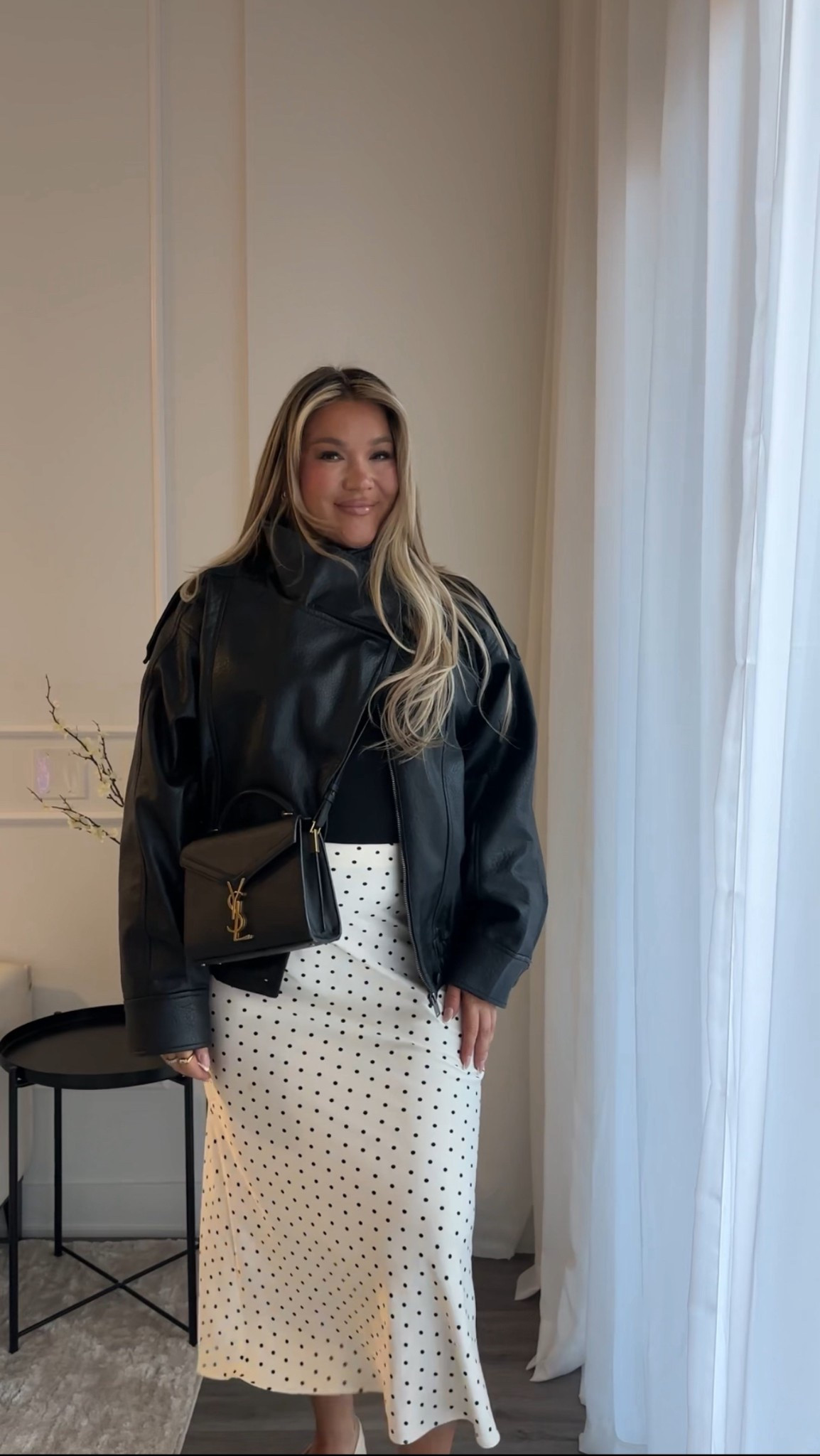 Satin polls dig skirt, leather jacket, Zara 

#LTKsummer #LTKplussize #LTKmidsize