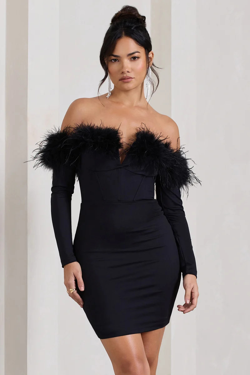 Celia | Black Plunge Neck Bardot Mini Dress With Feather Trim Detail | Club L London