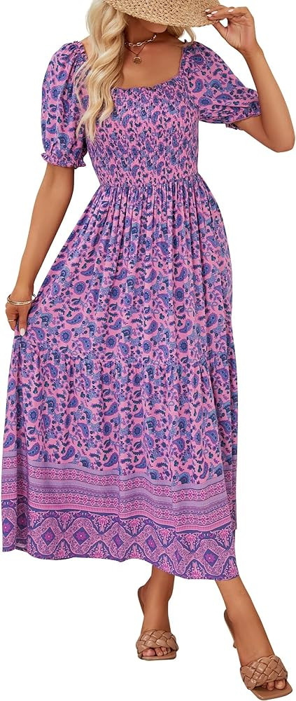ZESICA Women's 2026 Summer Boho Floral Print Square Neck Ruffle Swing Beach Long Maxi Dress | Amazon (US)