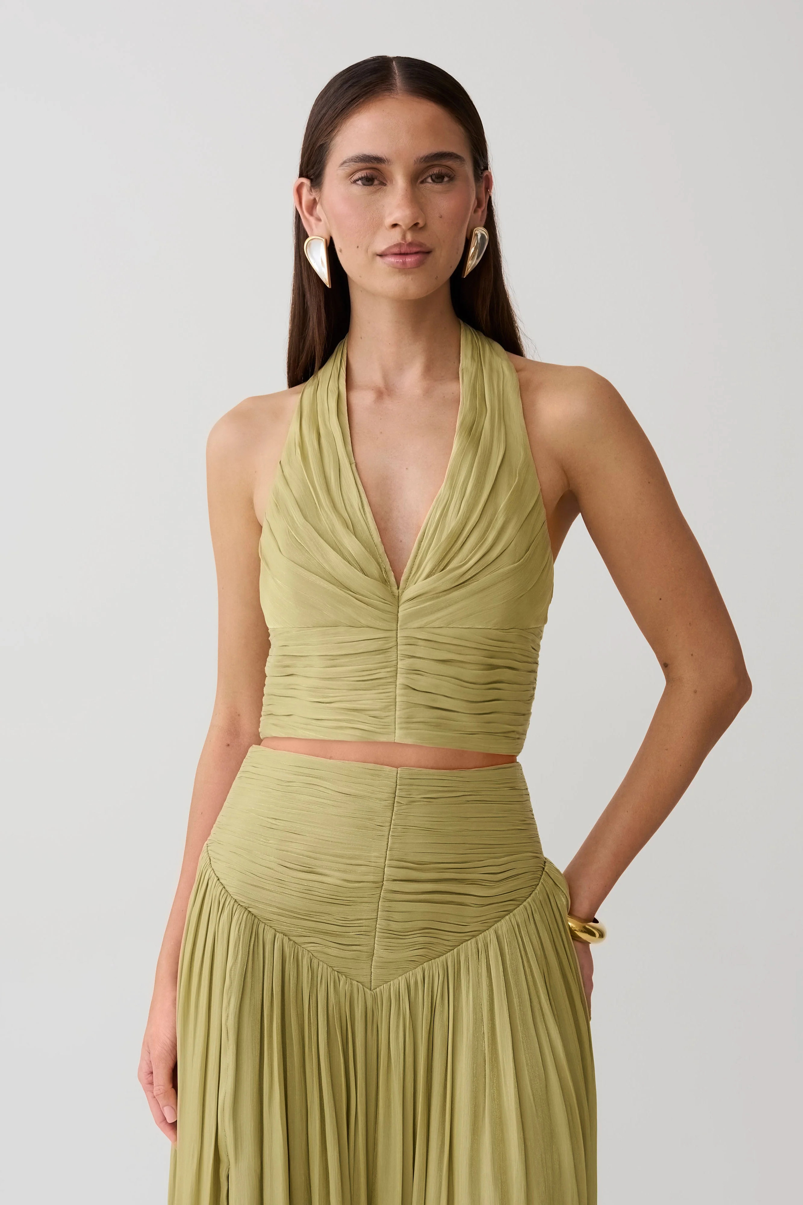 Makena Gathered V Neck Top / Green | MESHKI | XS | MESHKI US