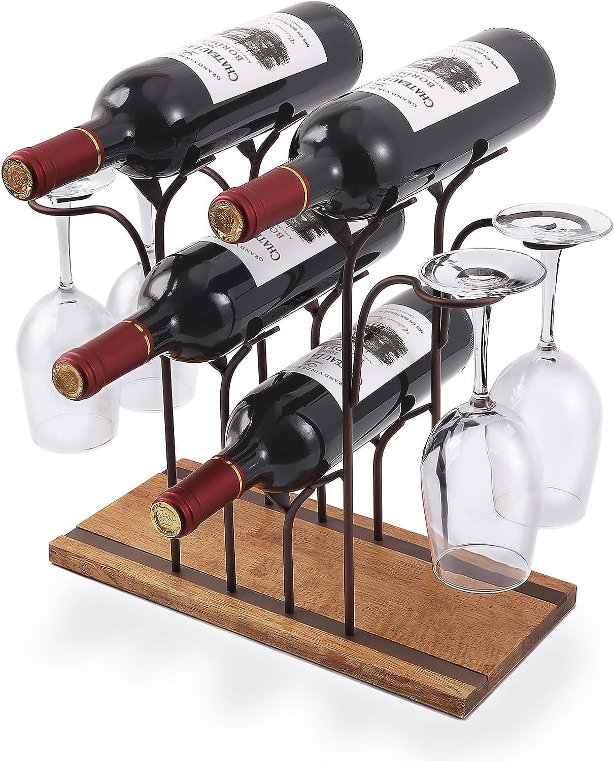 Tabletop Wood Wine Holder, Countertop Wine Rack, Hold 4 Wine Bottles and 4 Glasses, Perfect for H... | Amazon (US)
