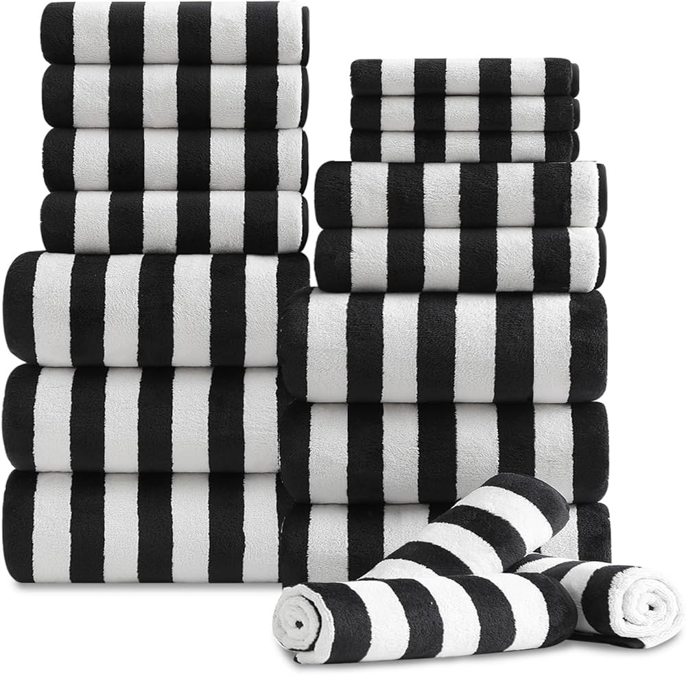 18 Pcs Black White Cabana Stripe Family Towels Set-6 Bath Sheets,6 Hand Towels,6 Washcloths Soft ... | Amazon (US)