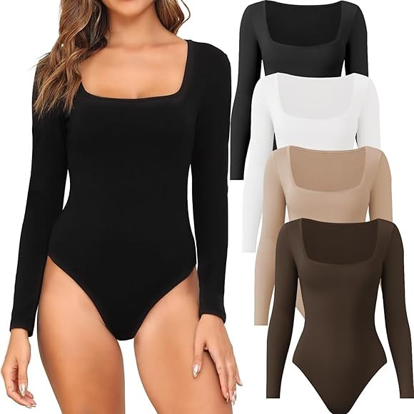 CE' CERDR 4/5 Pack Long Sleeve Bodysuits for Women Square Neck Body Suit Stretchy Tops | Amazon (US)