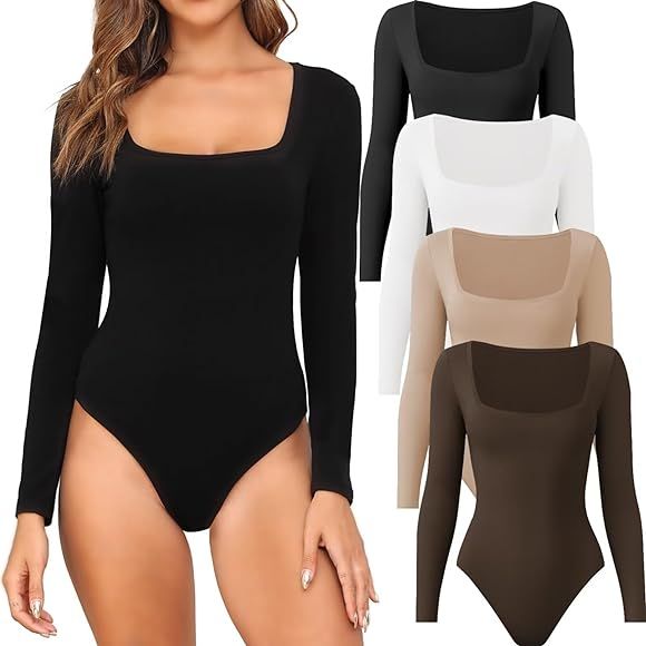 CE' CERDR 4/5 Pack Long Sleeve Bodysuits for Women Square Neck Body Suit Stretchy Tops | Amazon (US)