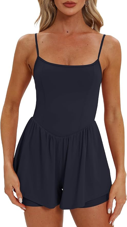 Beaully Women's Summer Sleeveless Athletic Rompers Spaghetti Strap Double Lined Shorts Jumpsuit O... | Amazon (US)