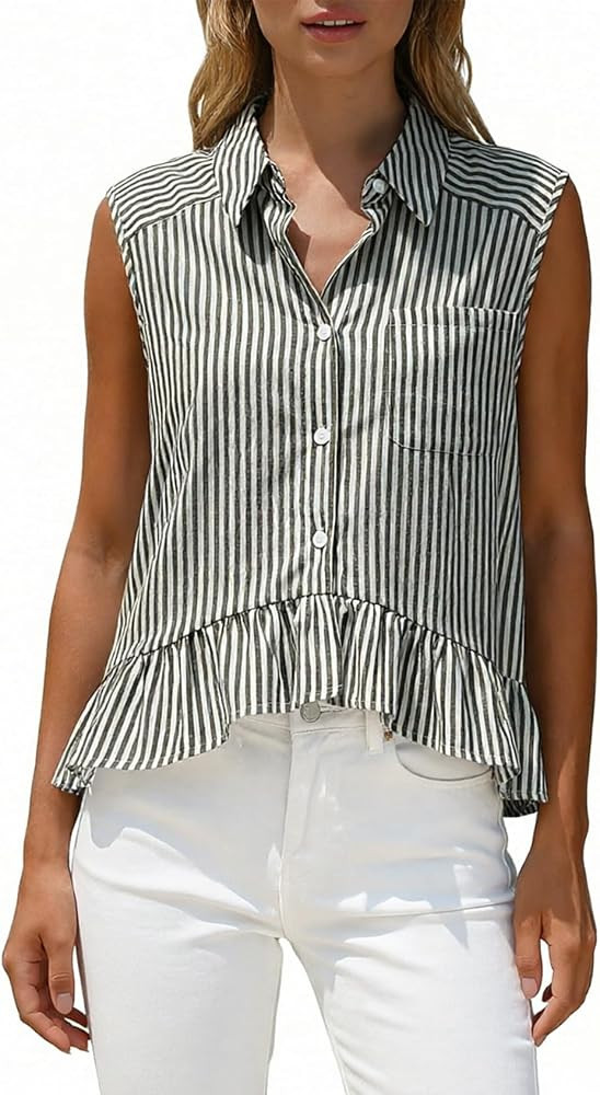 Womens Summer Tops Sleeveless Button Down Striped Shirt Cropped Ruffle Peplum Top Dressy Casual B... | Amazon (US)