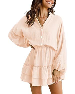 Women's Dress V Neck Long Lantern Sleeves Ruffle Tiered Solid Swing Mini Dress | Amazon (US)