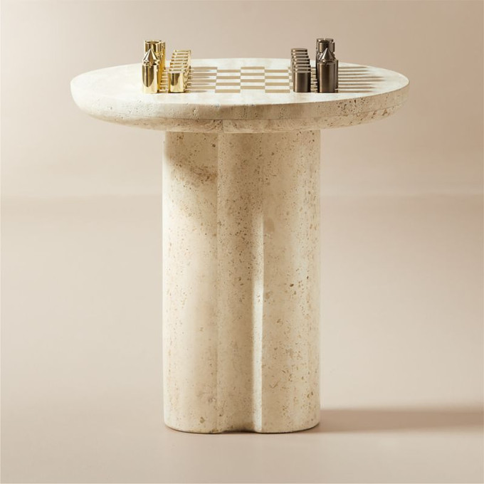 Click for more info about Kikko Travertine Game Side Table with Brass Chess Set | CB2