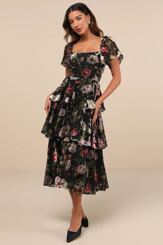 Darling Endeavor Black Velvet Burnout Tiered Midi Dress | Lulus