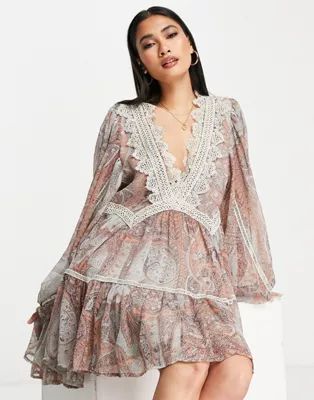 ASOS DESIGN lace detail mini dress with tiered skirt in paisley print  | ASOS | ASOS (Global)