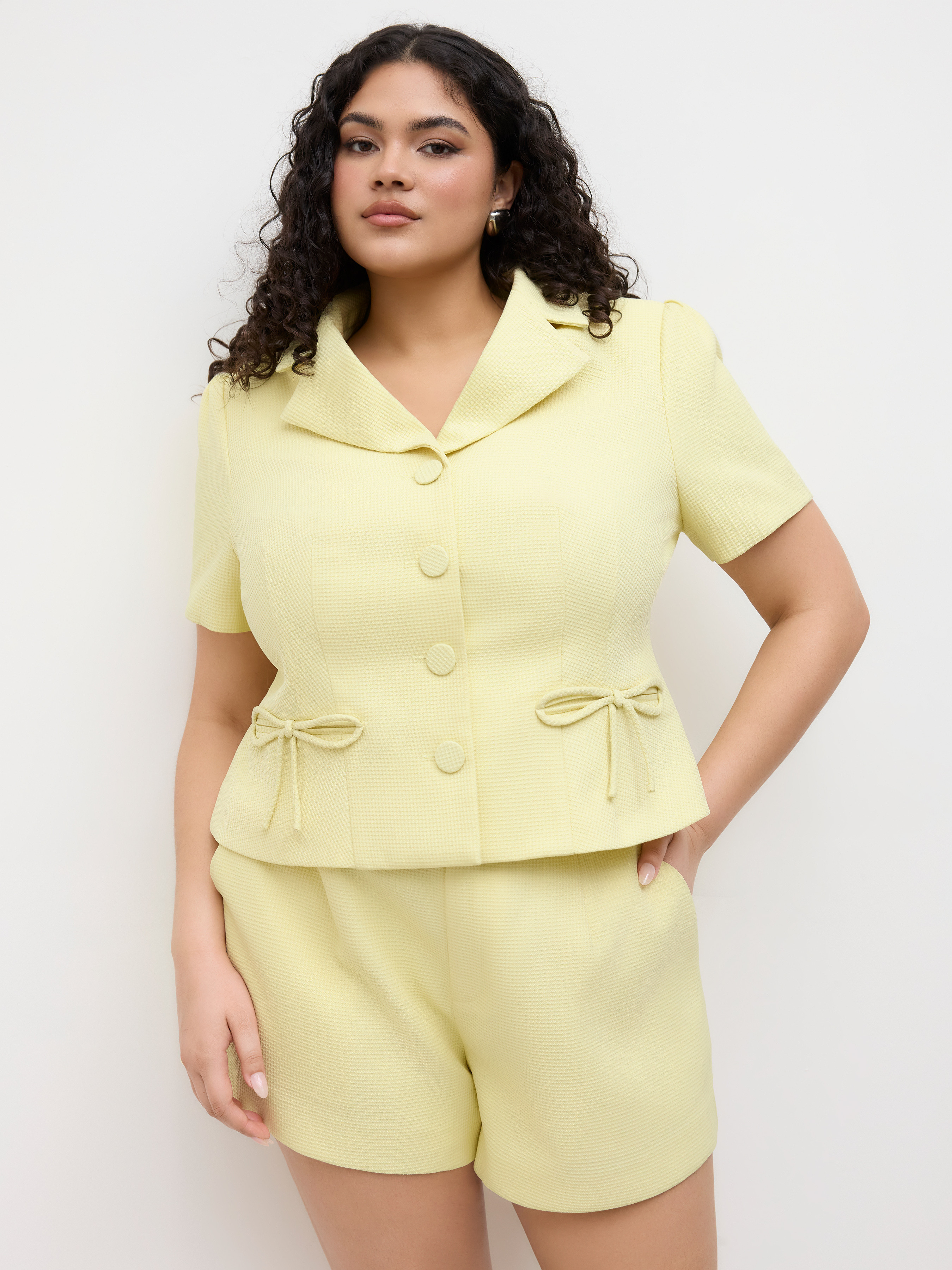 Jacquard Jacquard Notched Collar Bowknot Blazer Curve & Plus For Work | Cider