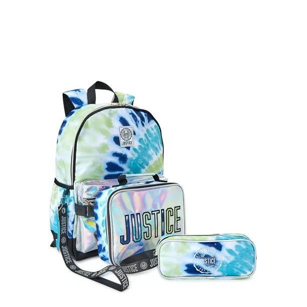 Justice Girls Metallic Print Backpack, Lunch Tote and Pencil Case, 3-Piece Set Blue Tie Dye | Walmart (US)