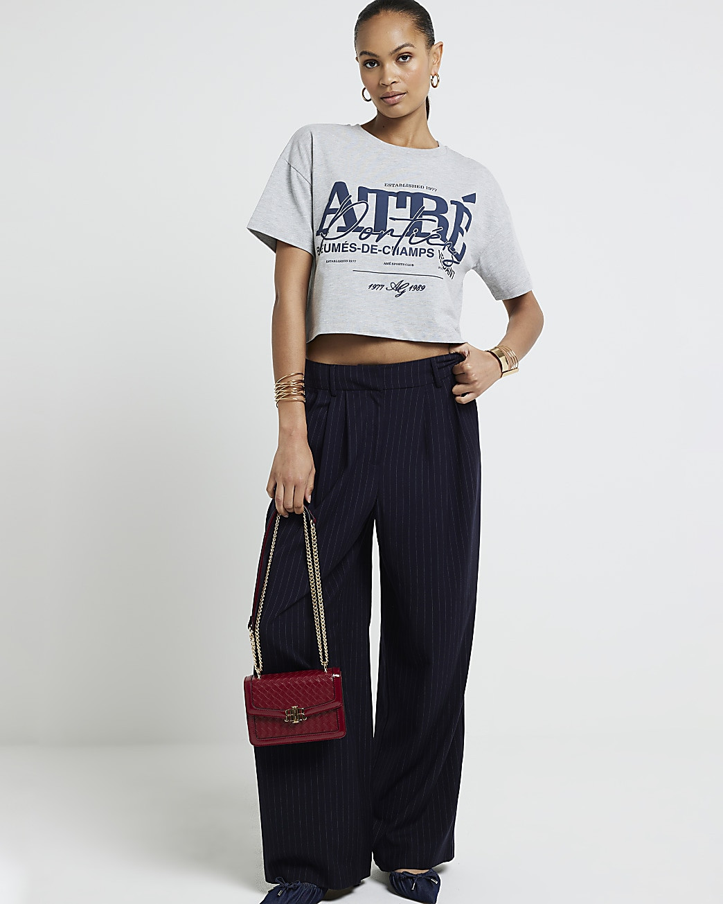 Navy stripe wide leg trousers | River Island (US)