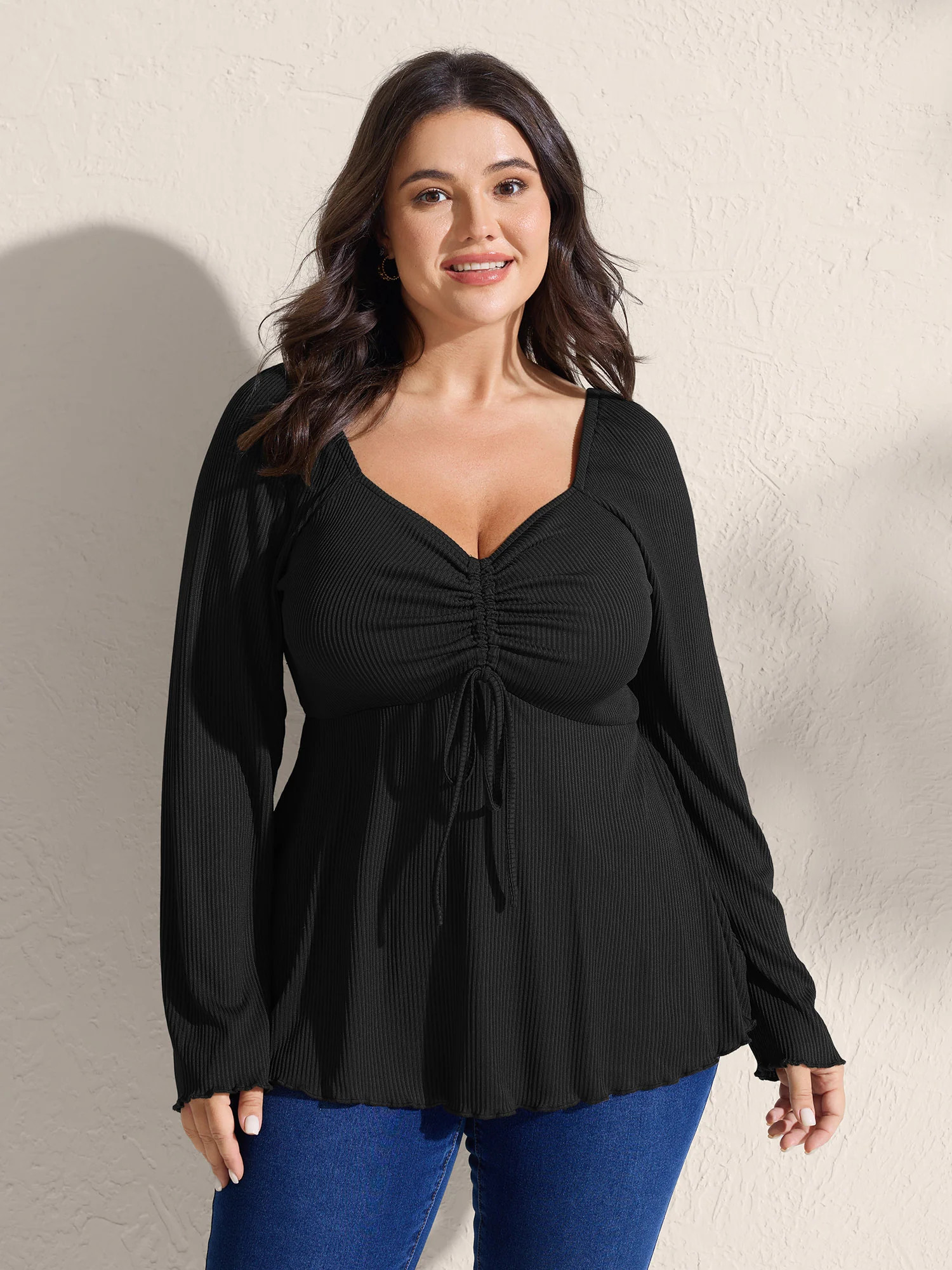 Ribbed Adjustable Drawstring Bodice Flared T-Shirt | Bloomchic