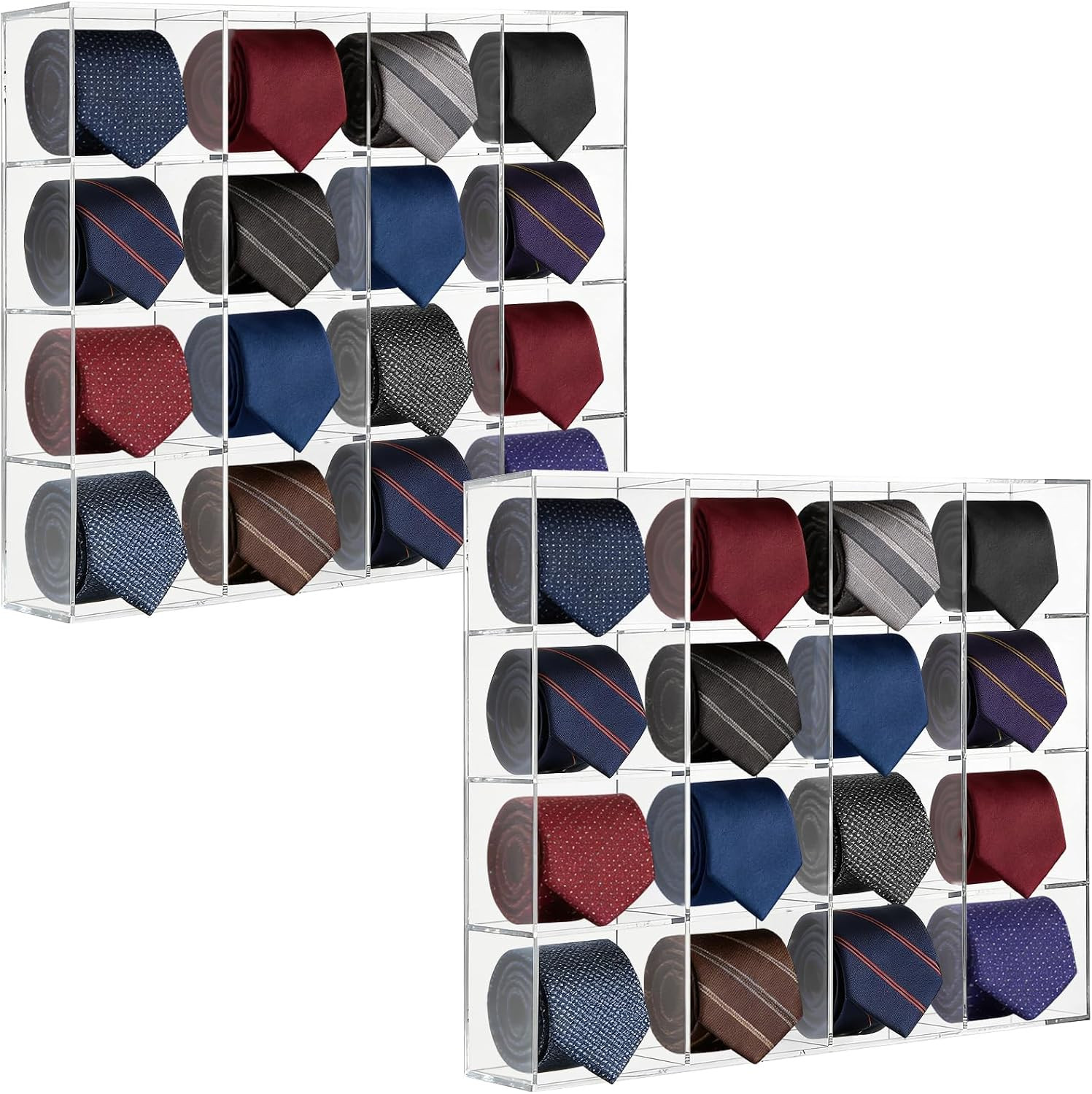 2 Pack Tie Box Organizer Wall Mounted Tie Rack Clear Acrylic with 16 Compartments, Tie Holder for Drawer Tie Organizer for Men Belt Scarf Necktie Storage for Closet and Home | Amazon (US)