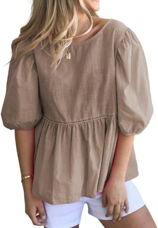 REDMORE Womens Summer Peplum Tops Loose Casual Tunic 2023 Balloon Sleeve Blouses Crew Neck Cute S... | Amazon (US)