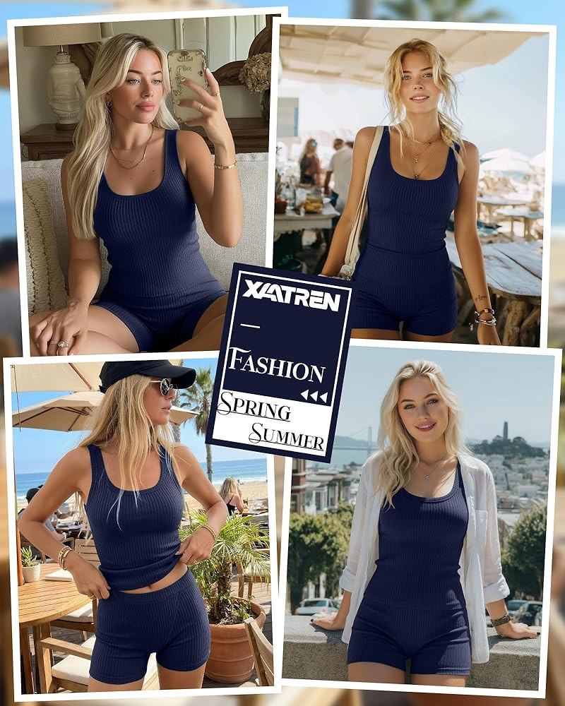 Xaatren Women 2 Piece Ribbed Slim Fit Set Summer Scoop Neck Cotton Sleeveless Tank Top Tight Loun... | Amazon (US)