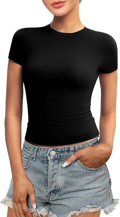 WIHOLL Women's Summer Short Sleeve Tops Crew Neck Y2K Crop Tops Slim Fit T Shirts Basic Tee | Amazon (US)