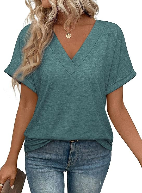 ATHMILE V Neck T Shirts for Women Summer Tops Soft Casual Short Sleeve Cute Basic Trendy Outfits ... | Amazon (US)