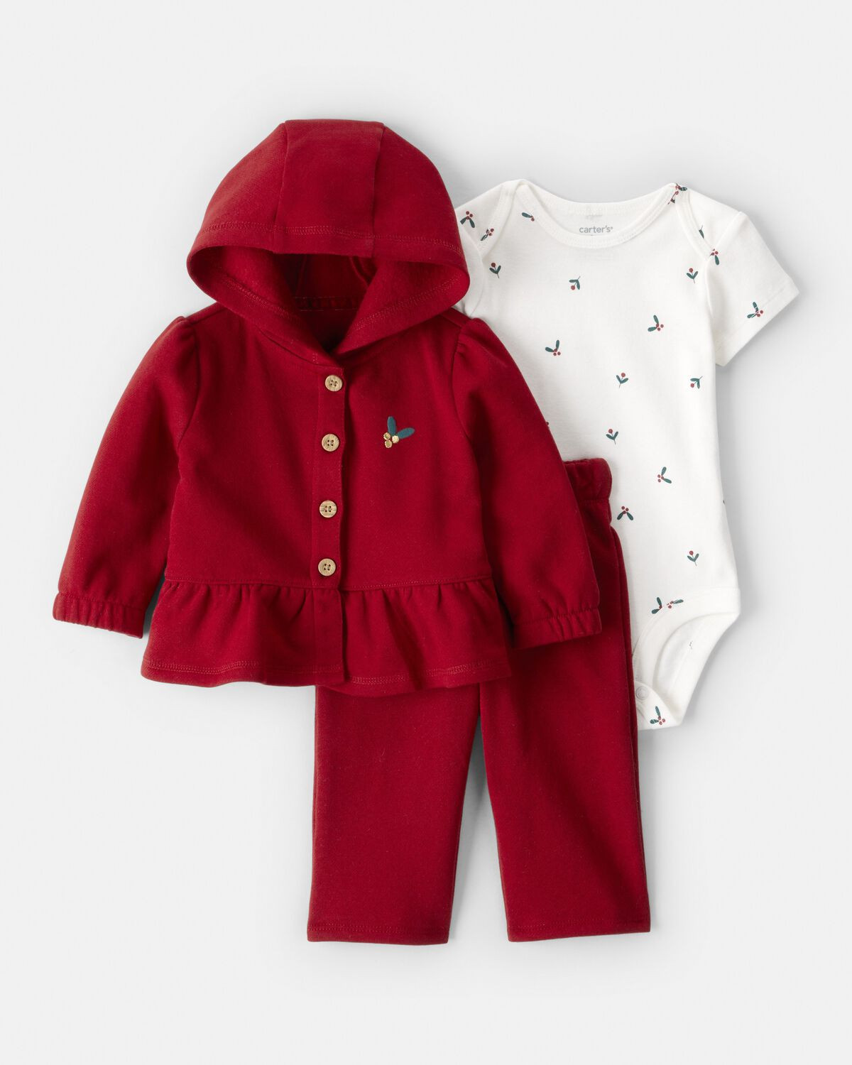 Baby Girl 3-Piece DayDream Fleece Floral Long-Sleeve Bodysuit & Pant Set - Red | Carter's Inc
