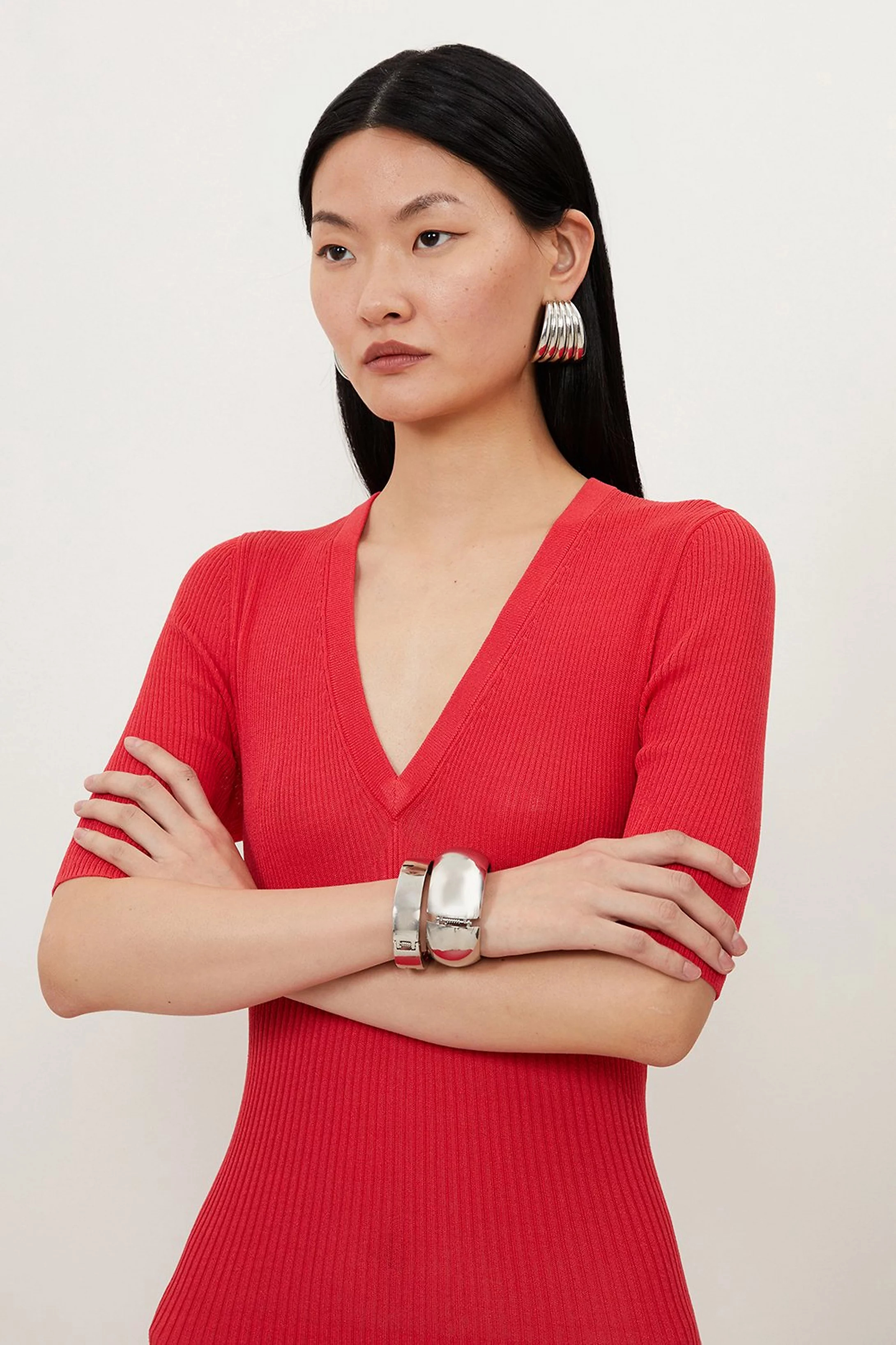 Summer Knit Pleat Detail V Neck Maxi Dress | Karen Millen UK + IE + DE + NL