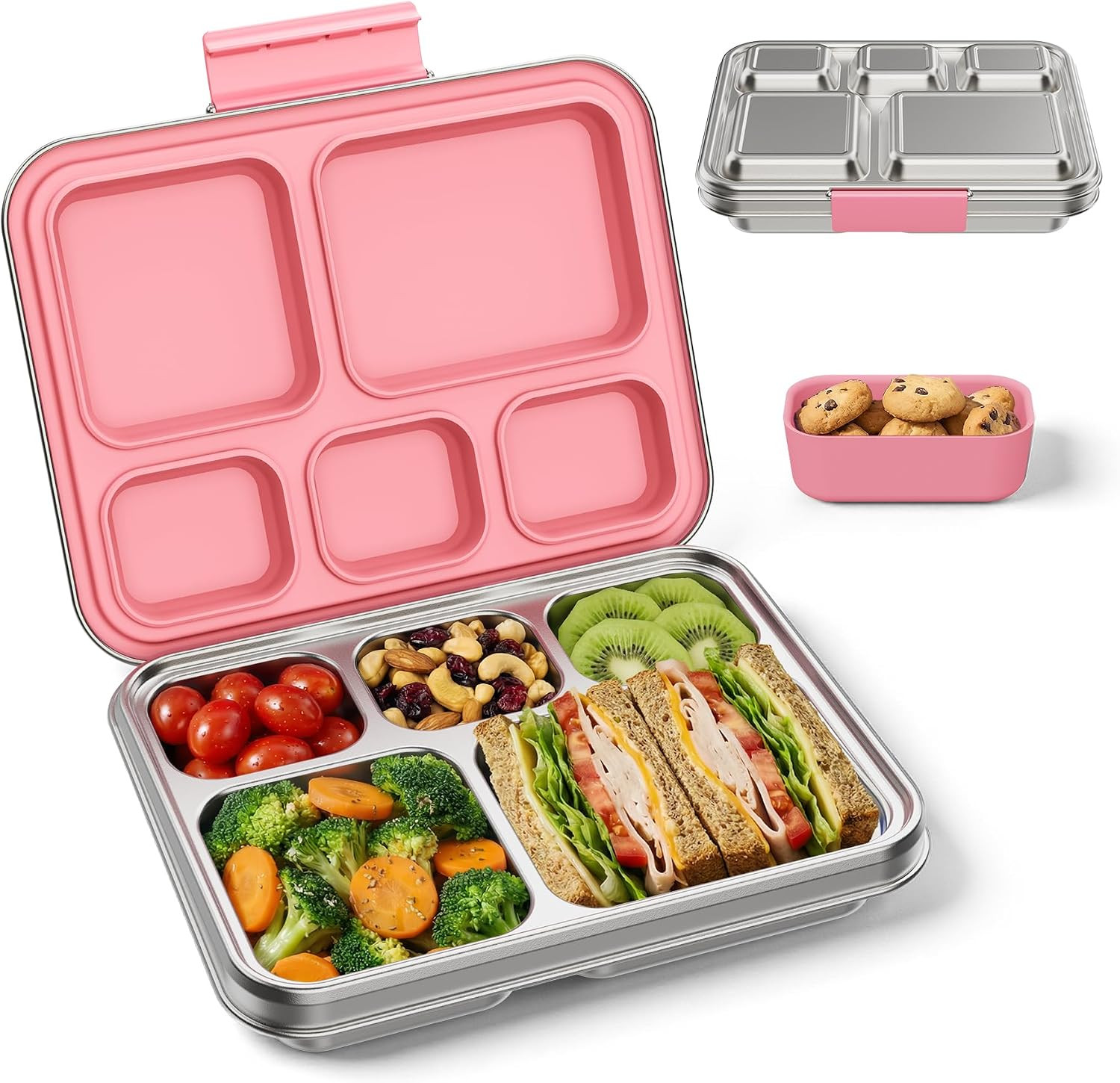 Stainless Steel Bento Lunch Box for Kids & Adults, 5 Compartment Metal Portable Bento Box with Silicone Food Container and Removable Silicone Seal,BPA-Free,School,Office(Pink) | Amazon (US)
