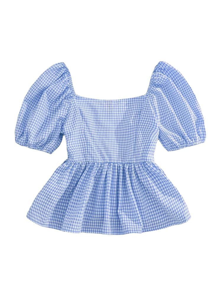 WDIRARA Women's Puff Sleeve Sweetheart Neck Blouse Ruffle Hem Gingham Crop Top Shirt | Amazon (US)