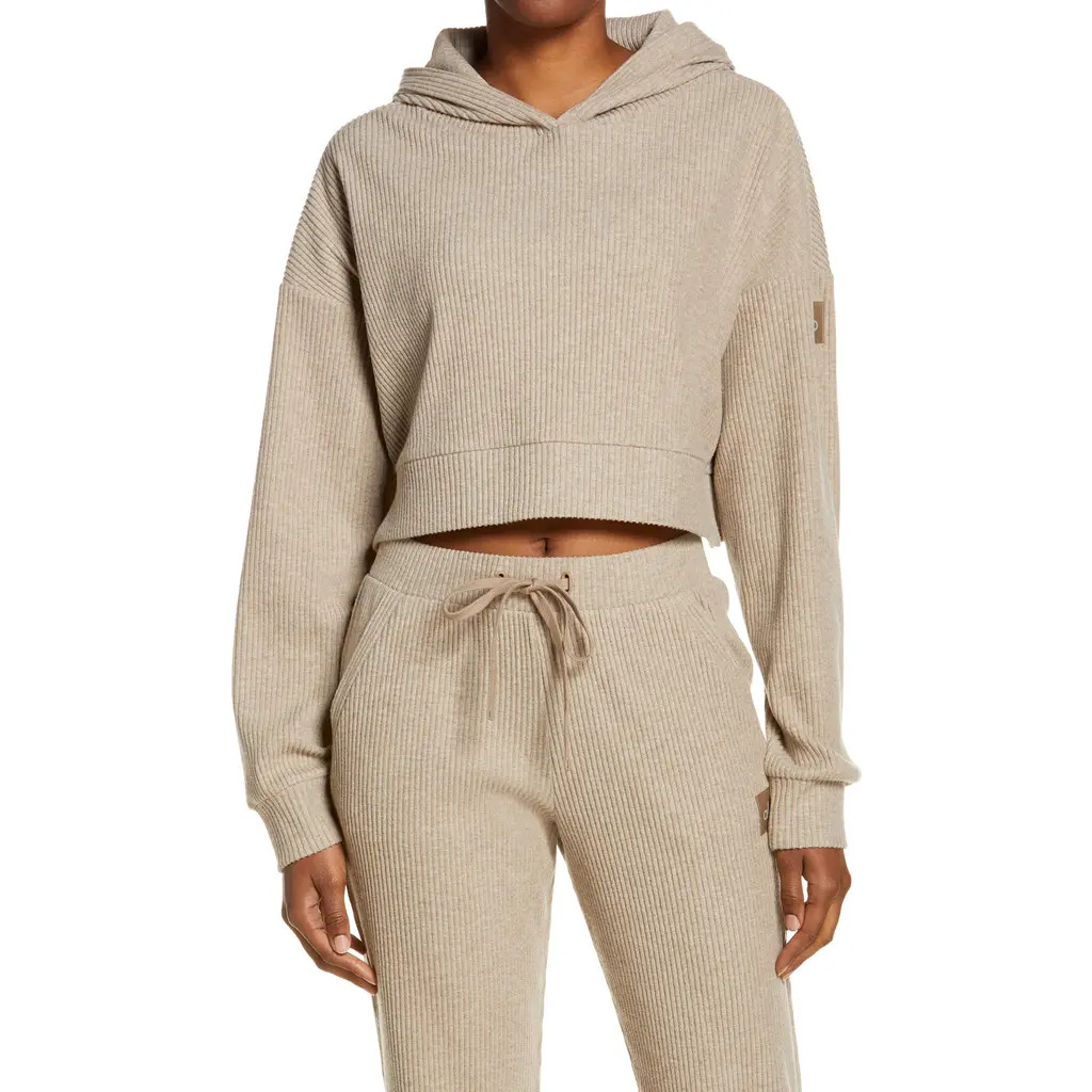 Alo Muse Rib Crop Hoodie in Gravel Heather at Nordstrom, Size Medium | Nordstrom