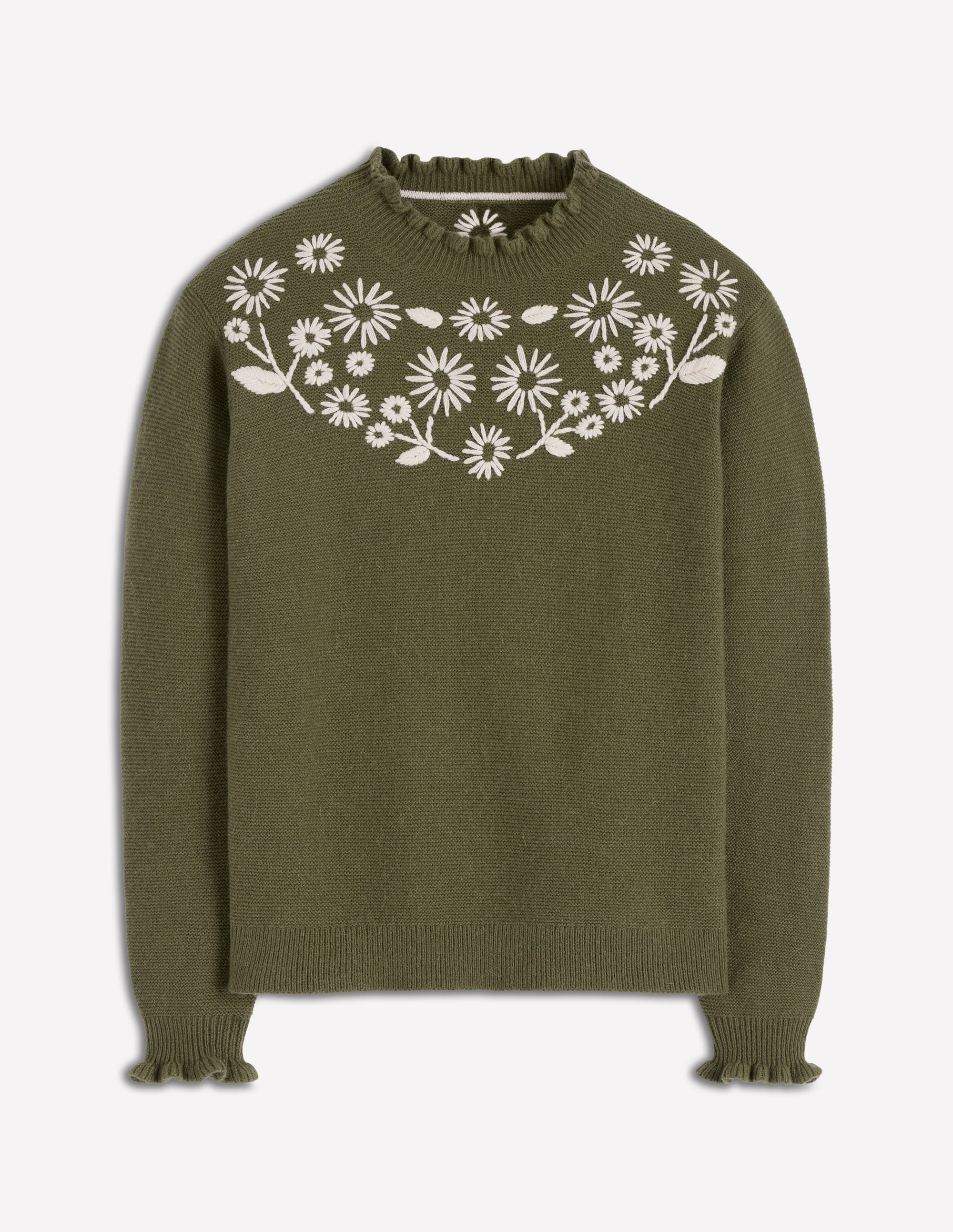 Embroidered Frill Sweater-Woodland Green Melange | Boden (US)