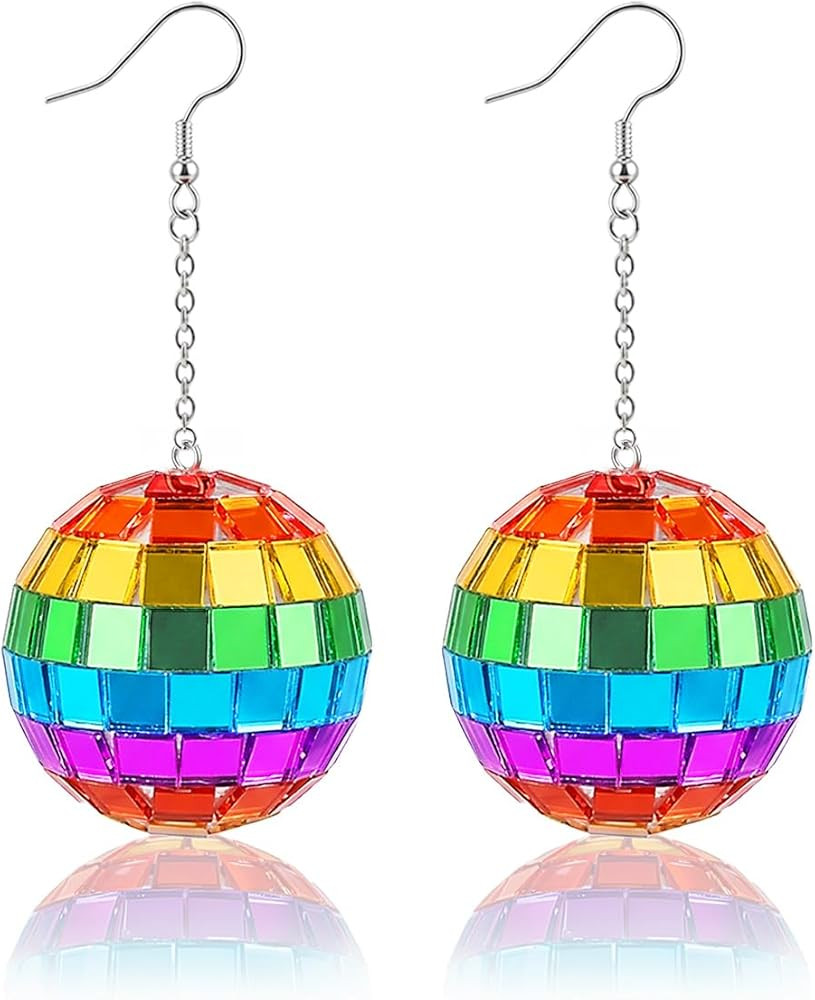 Pride Earrings, Rainbow Earrings for Women, Pride Accessories, Retro Disco Ball Earrings, Lightwe... | Amazon (US)