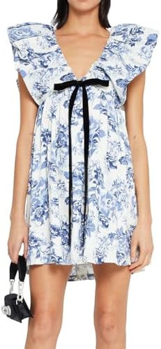 hibshaby Women's Floral Print Mini Dress V Neck Puff Sleeve Dress Short Babydoll Bow Dress | Amazon (US)