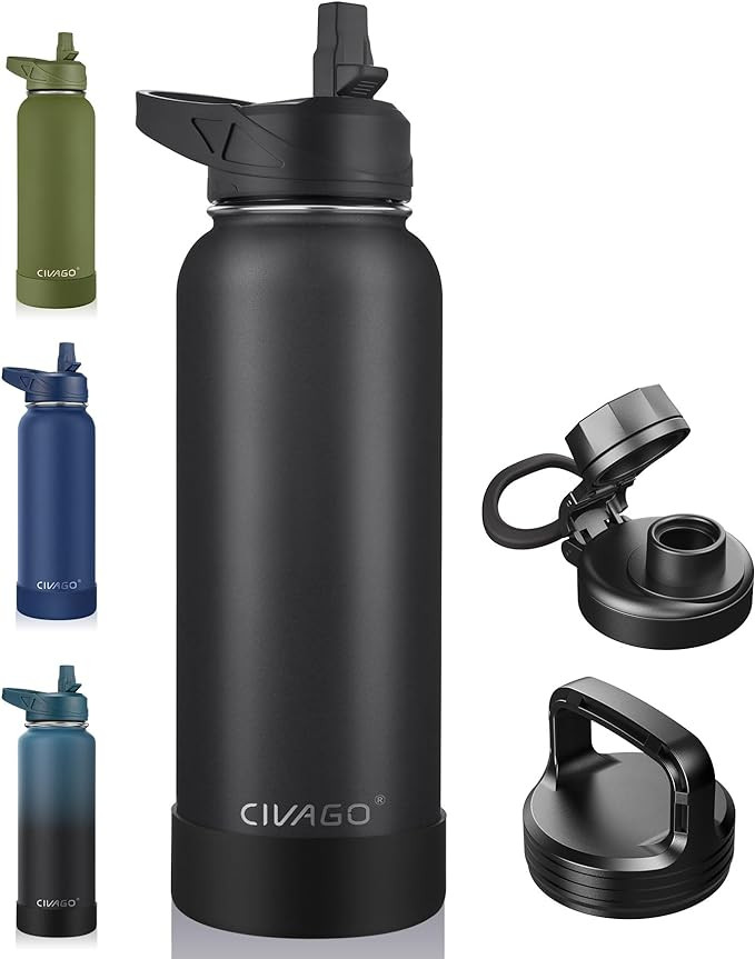 CIVAGO 40 oz Insulated Water Bottle With Straw, Stainless Steel Sports Water Cup Flask with 3 Lid... | Amazon (US)