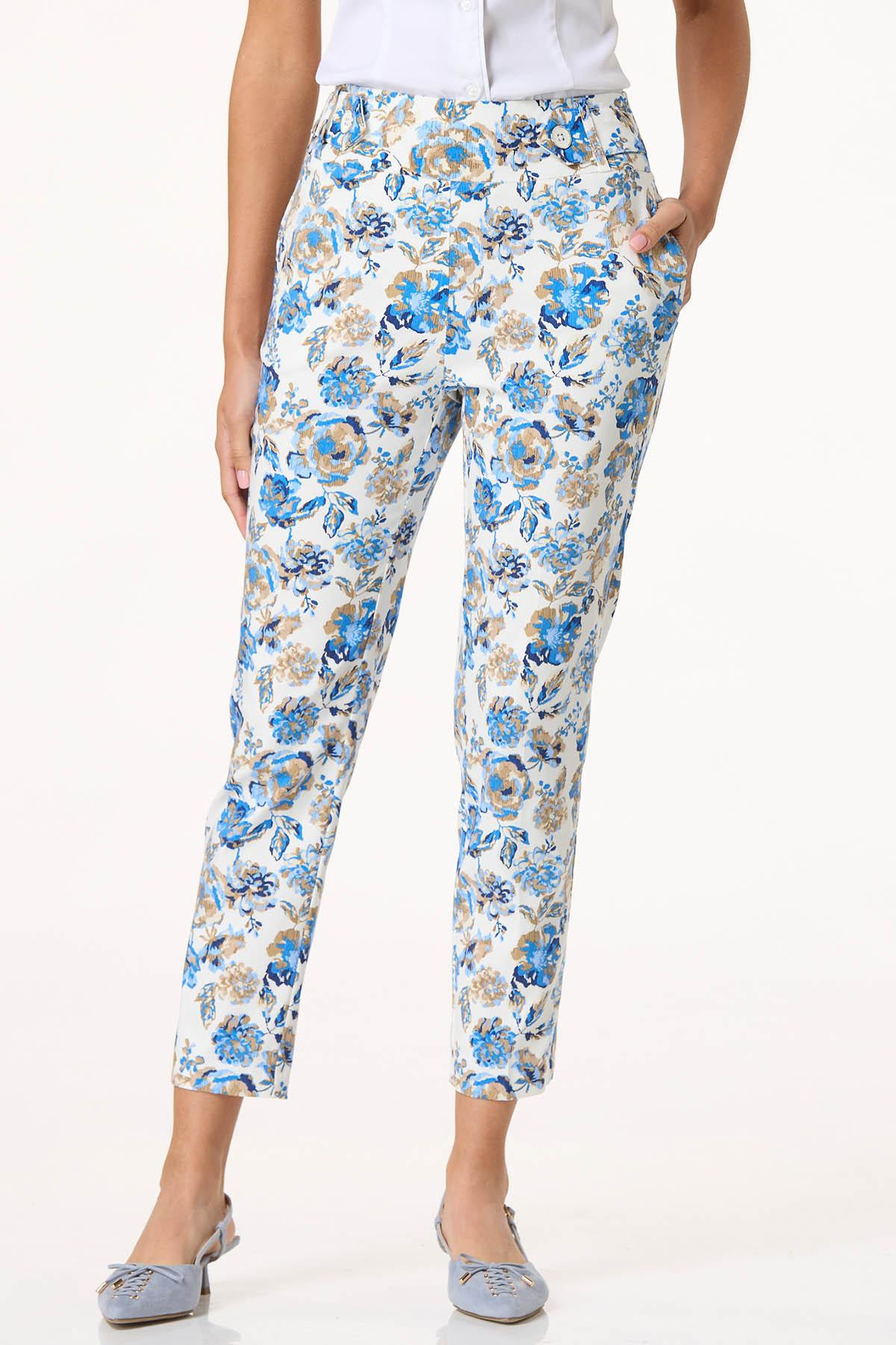 Blue Floral Print Slim Bengaline Pants | Cato Fashions