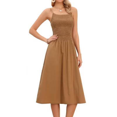 INSPIRE CHIC Women's Spaghetti Strap Smocked A Line Swing Flowy Summer Beach Midi Dresses X-Small Brown | Target