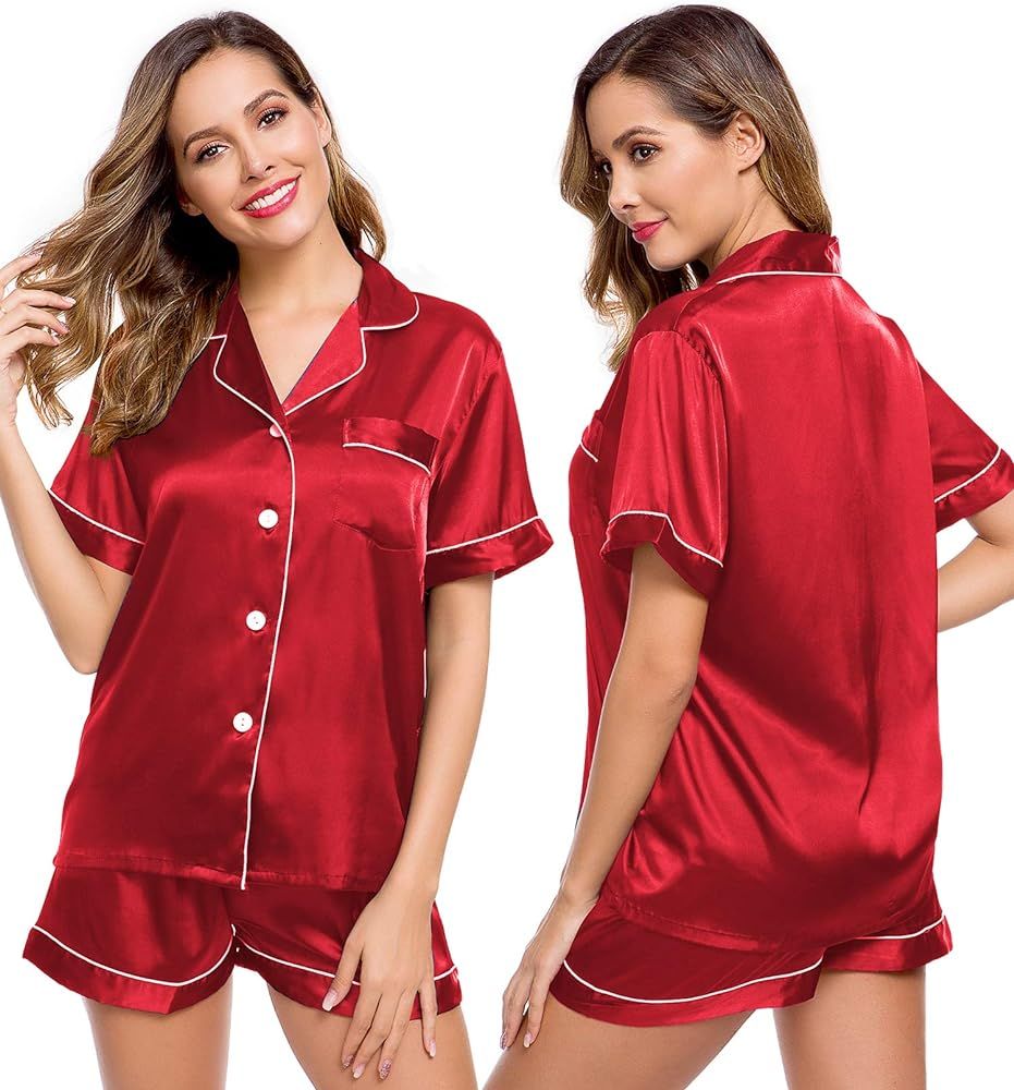 LecGee Womens Silk Satin Pajamas Short Sleeve Loungewear Two-Piece Sleepwear Button-Down Pj Set | Amazon (US)