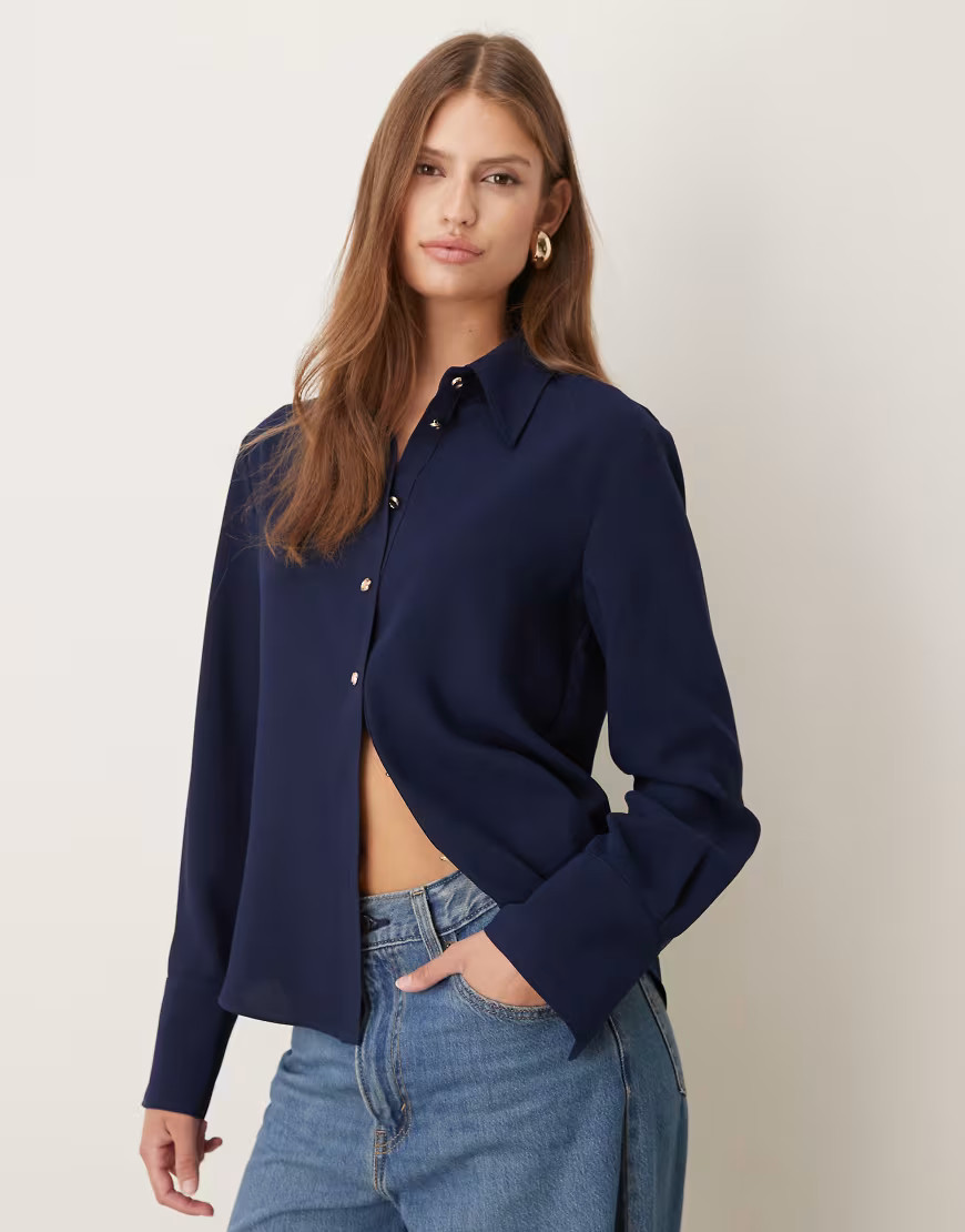 Mango shirt with gold-tone buttons in navy | ASOS (Global)