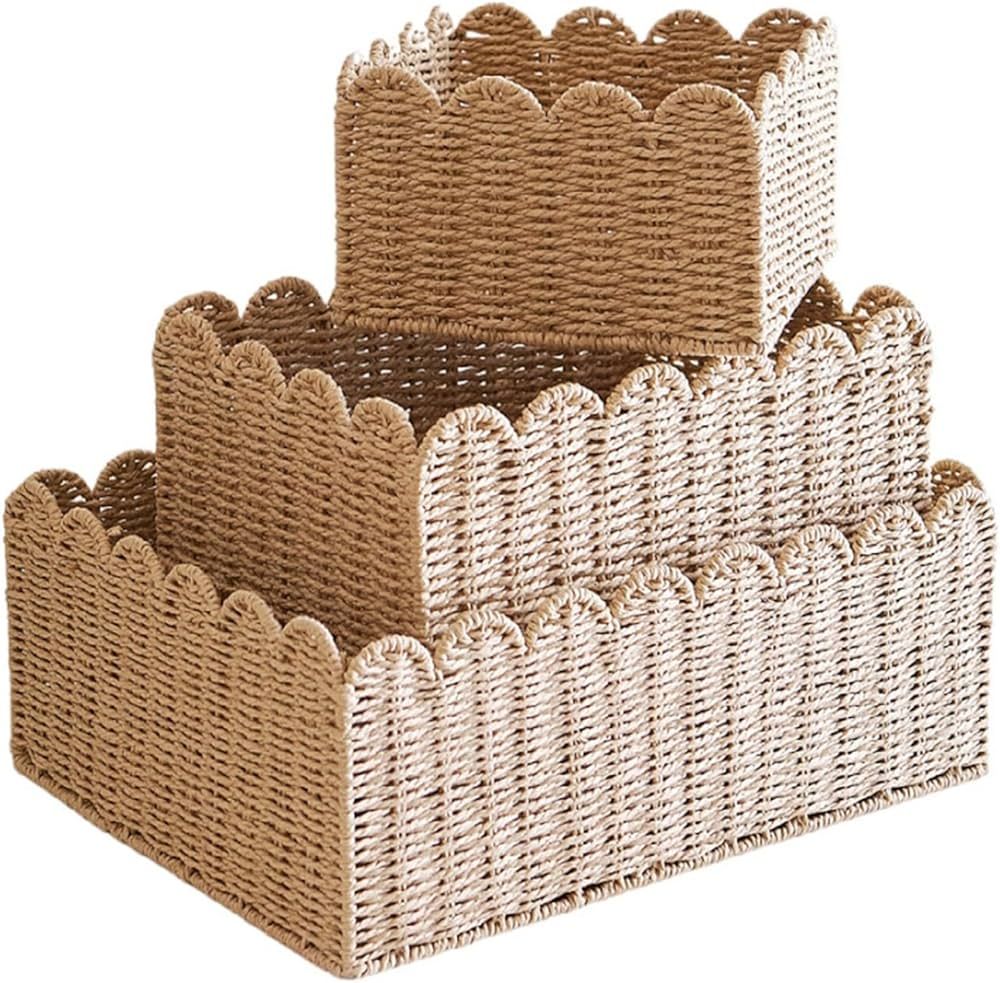 Scalloped Edge Basket, Wicker Storage Baskets, Hand Woven Baskets for Shelves,Natural Baskets for... | Amazon (US)