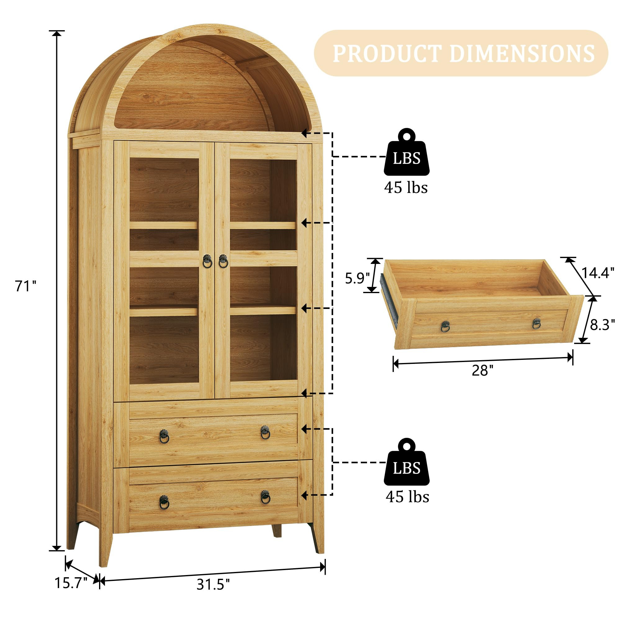 71" Tall Pantry Cabinet, Arched Cabinet with LED Lights, Kitchen Storage Cabinets with 2 Large Dr... | Amazon (US)