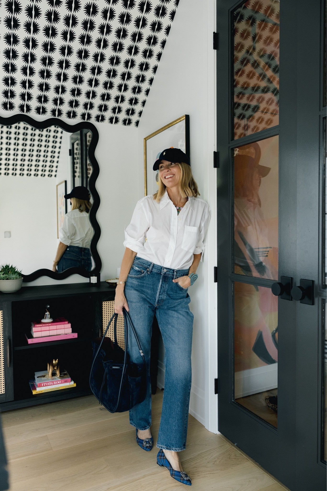 High // Low look.  $26 @Walmart button Down with the best denim (I size up to a 28)—-older Manolos and the best Proenza tote.
