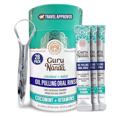 GuruNanda Travel Sachets Coconut Oil Pulling, Fresh Breath Mouthwash, 7 Essential Oils & Vitamins for Happy Teeth & Gums, with Tongue Scraper, 28 Sachets | Amazon (US)