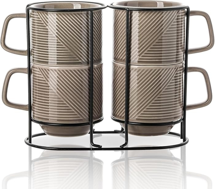 Stackable Coffee Mugs with Rack: 13 oz Stacking Ceramic Cups with Stand - Porcelain Stacked Tea M... | Amazon (US)