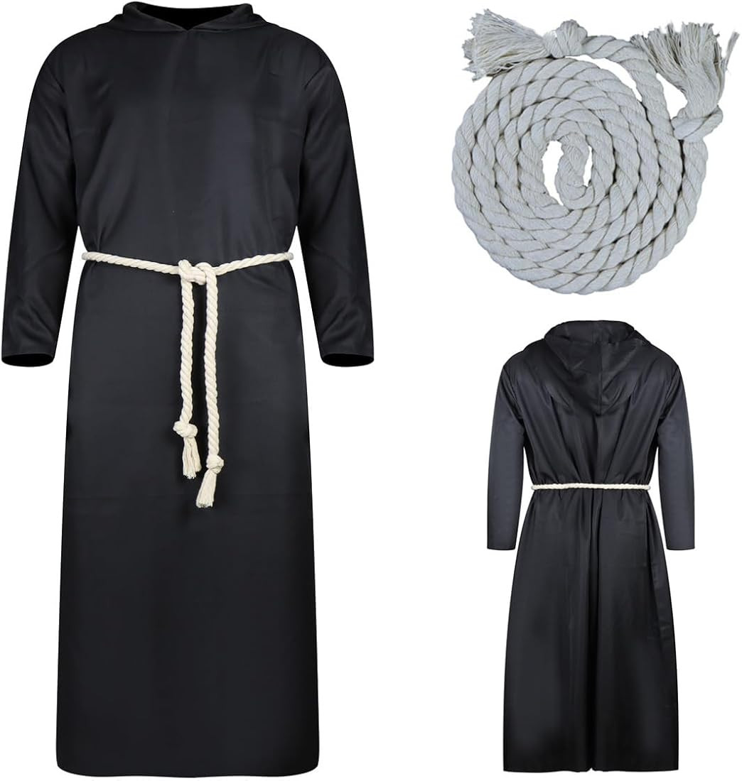 Uncle Fester Costume Mens Family Addams Cosplay Robe Black Hooded Uniform with Cord Belt Set Hall... | Amazon (US)