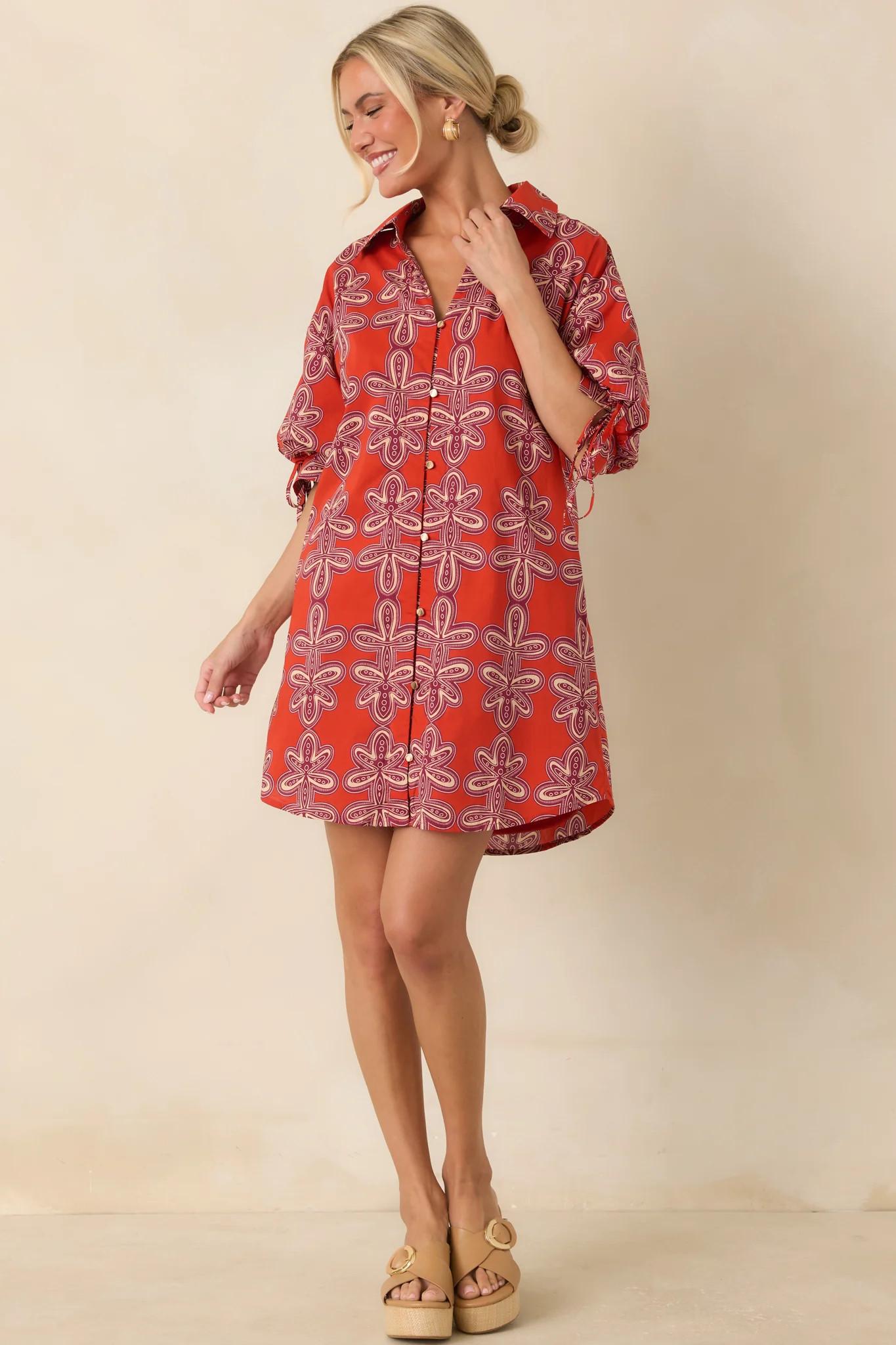 Missed Connections Brick Red & Burgundy Cotton Mini Shirt Dress | Red Dress
