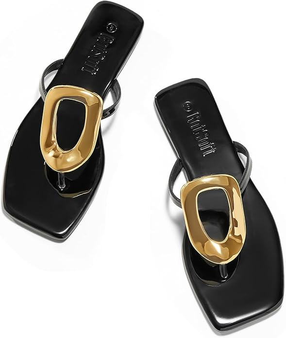 Women's Flat Sandals Summer Square Toe Flip Flops Comfortable Beach Flats Slip on Metal Decoratio... | Amazon (US)