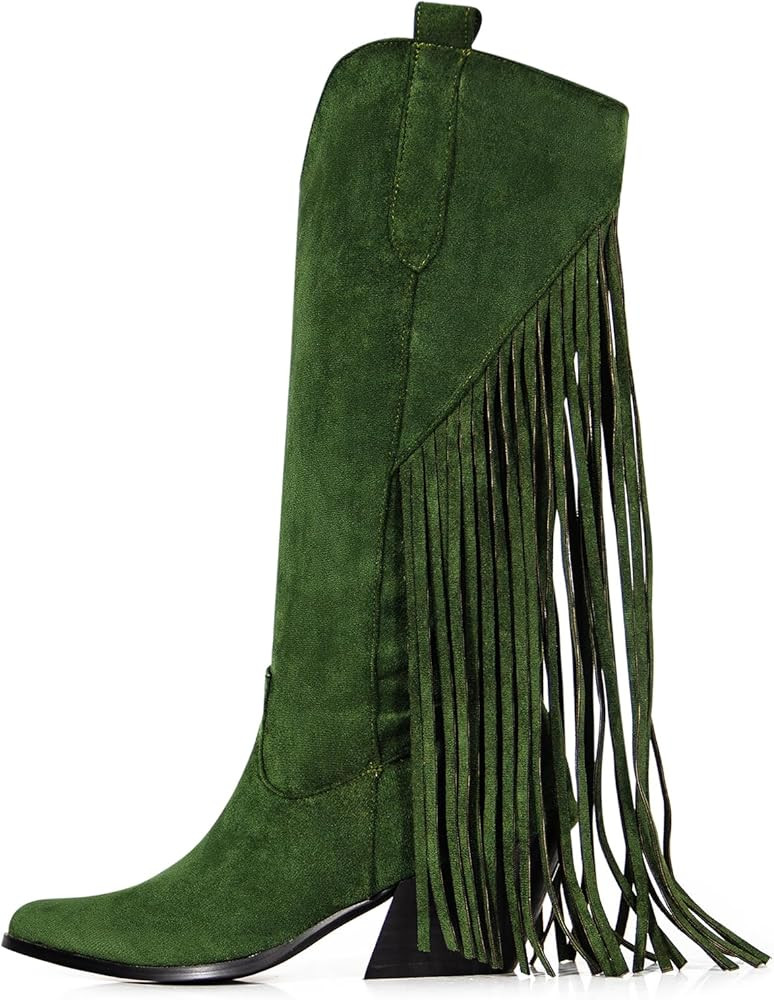 Women's Fringe Cowboy Boots Western Cowgirl Pointed Toe Chunky Mid Heel Pull-on Knee High Boots 7... | Amazon (US)